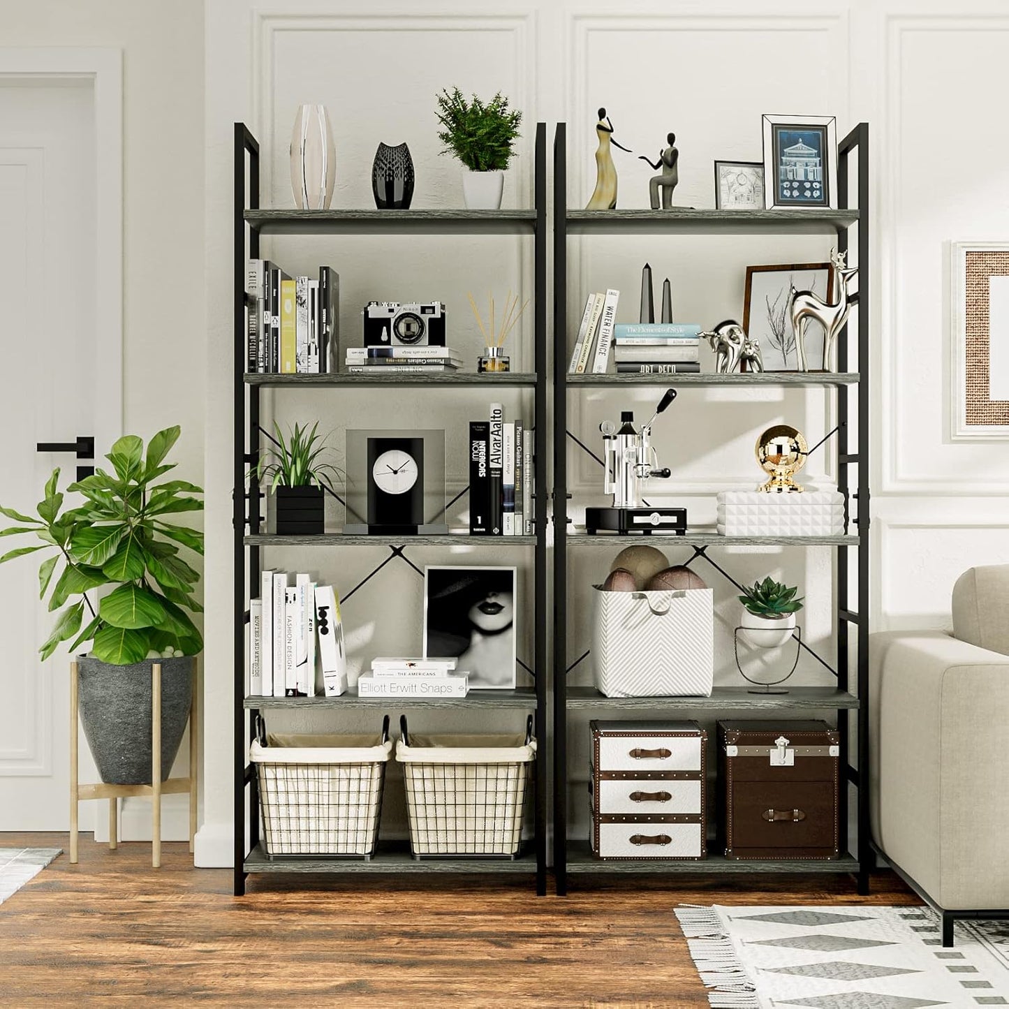5 Tier Multifunction Heavy Duty Bookcase Wood & Steel Storage Shelf Organizer (Driftwood Grey)