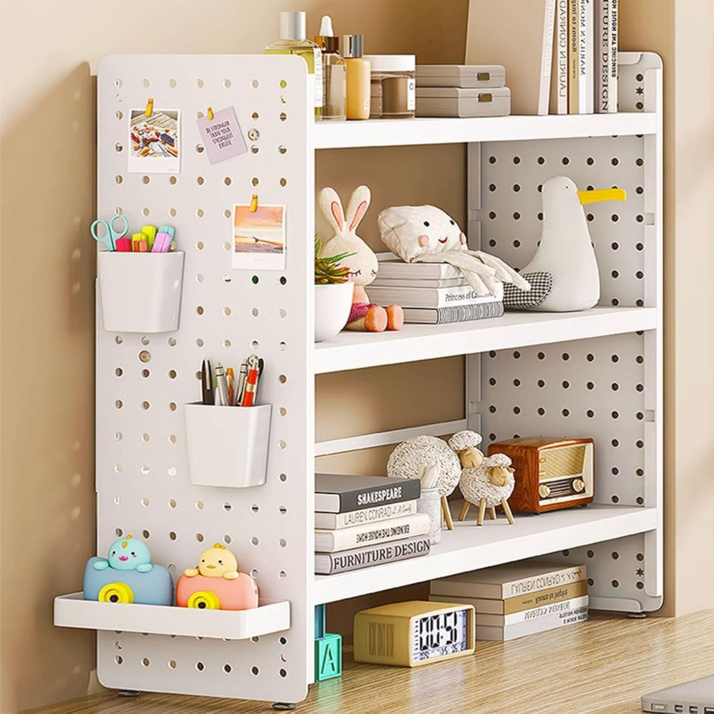 Multifunction Wooden Metal Desktop Bookshelf Pegboard Organizer Rack (White)