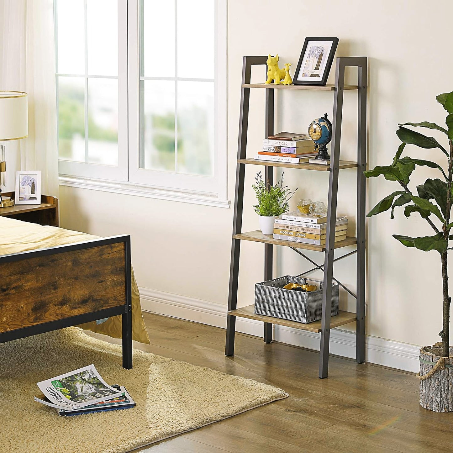 Elevate Rustic Oak 4-Tier Ladder Shelf Wood & Metal Bookcase Storage Organizer