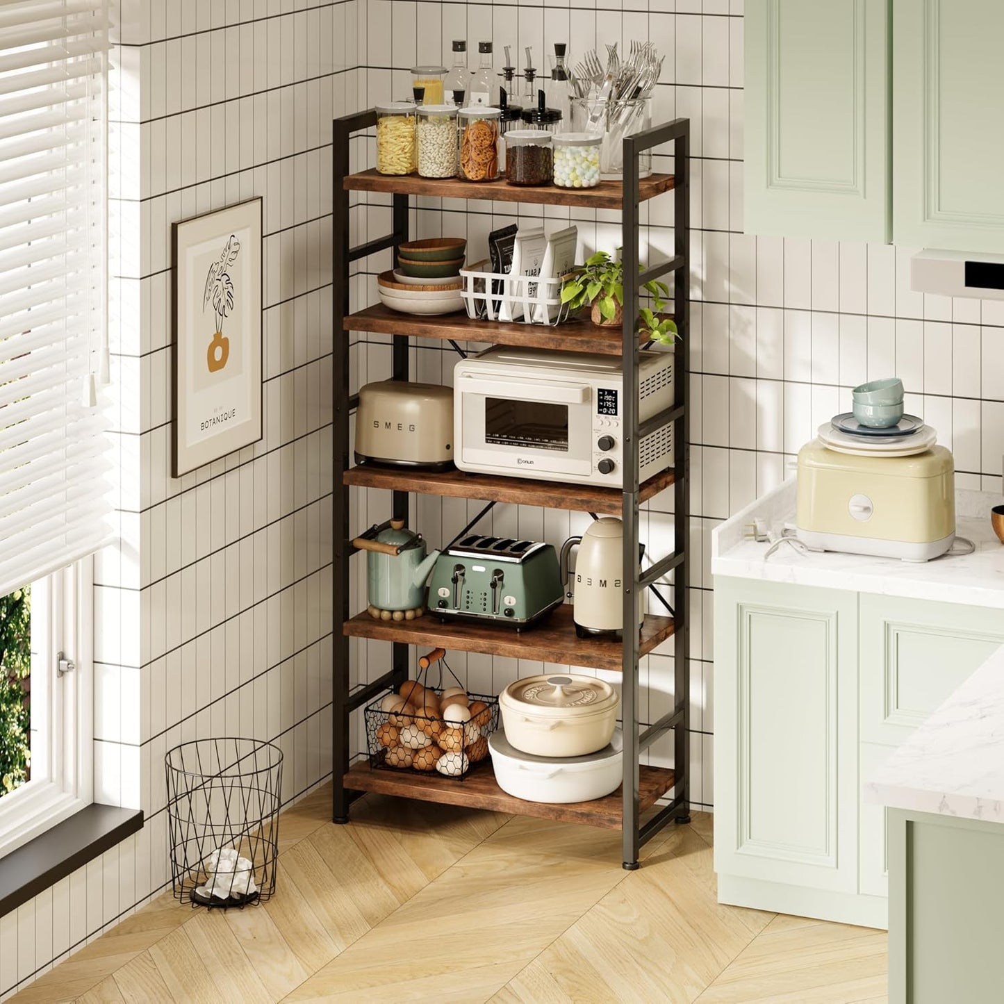 5 Tier Multifunction Heavy Duty Bookcase Rustic Wood & Steel Storage Shelf Organizer