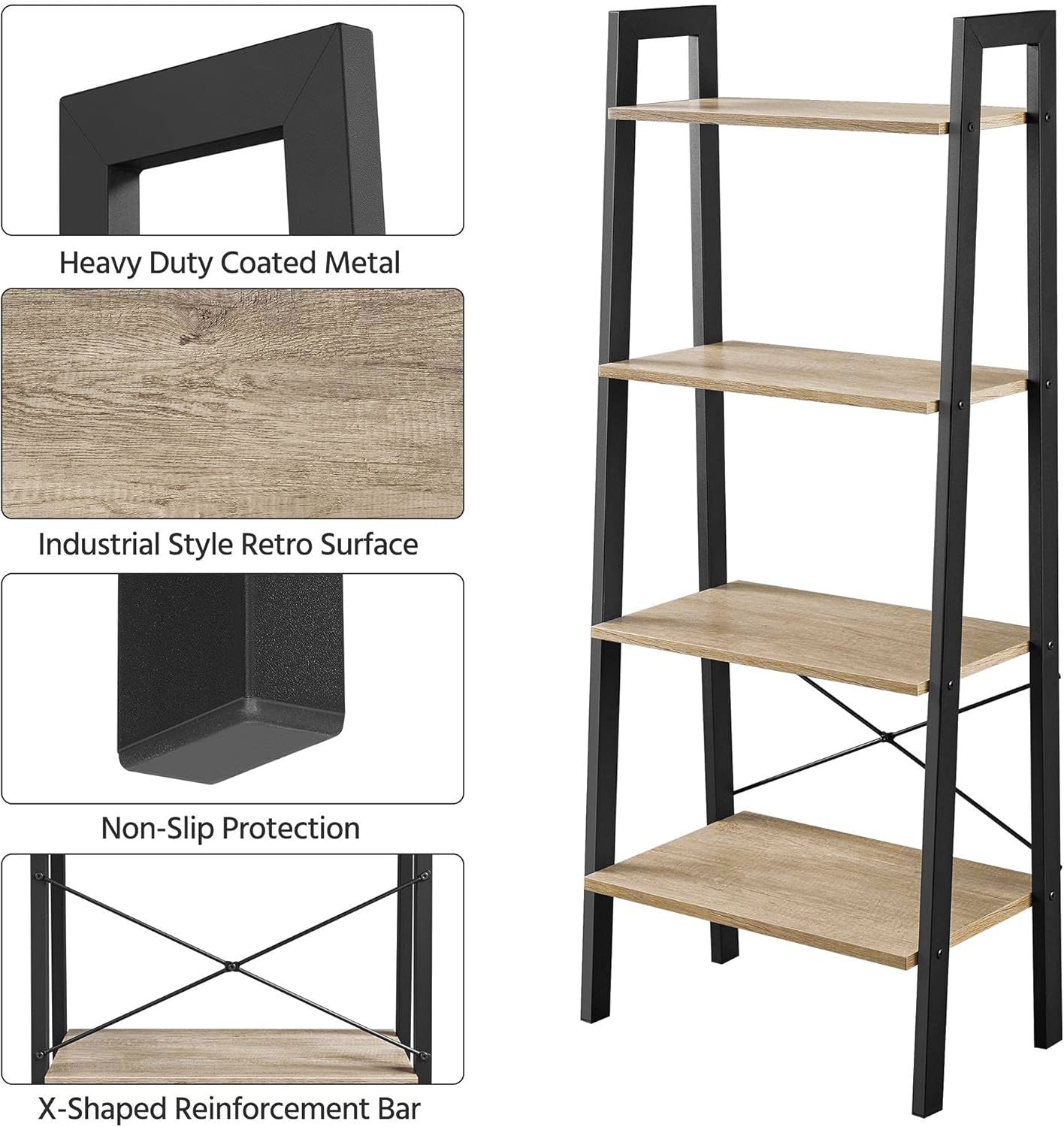 Elevate Rustic Oak 4-Tier Ladder Shelf Wood & Metal Bookcase Storage Organizer