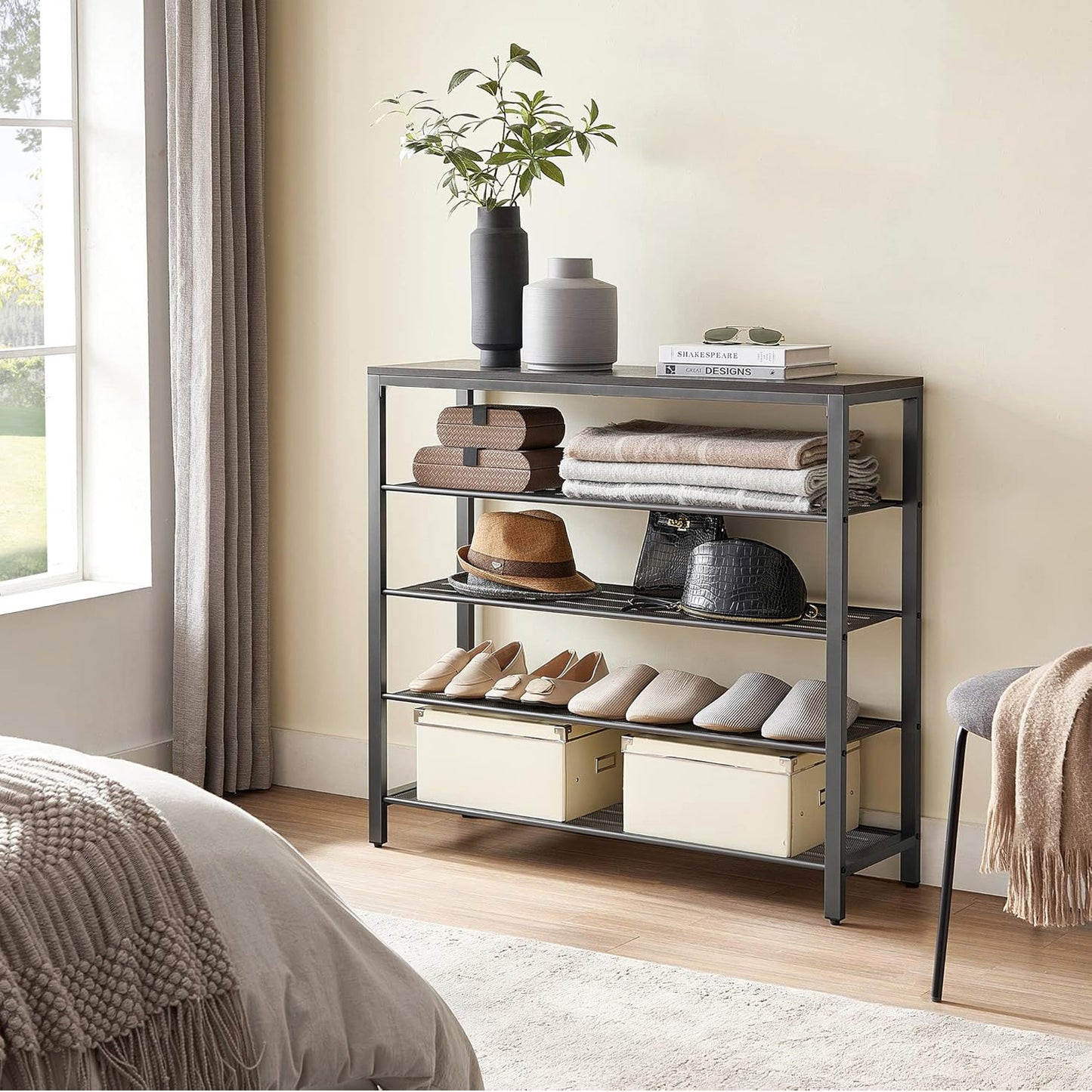Vita 4-Tier Wood & Metal Shoe Rack Storage Shelf Organiser (Driftwood Grey)
