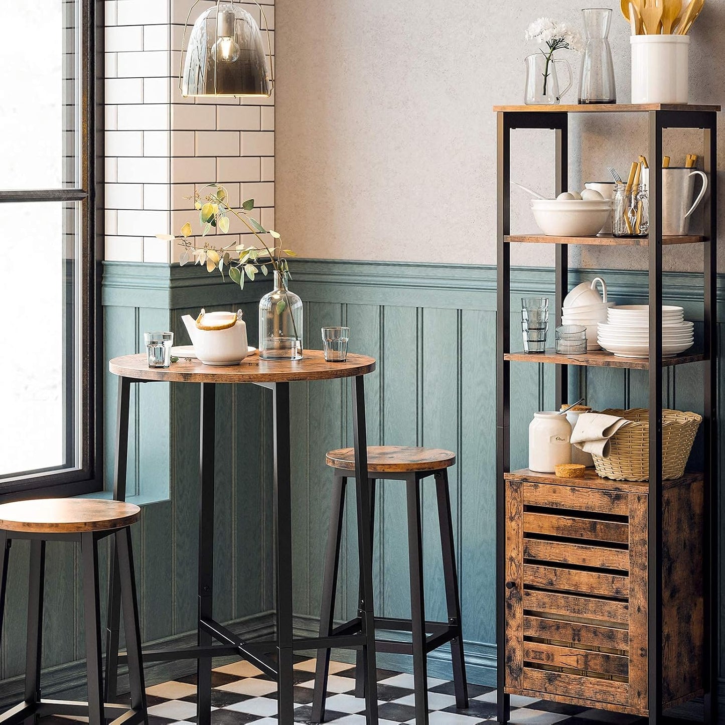 2 x Modern Industrial Bar Stools Rustic Wood & Metal Kitchen Counter Seating