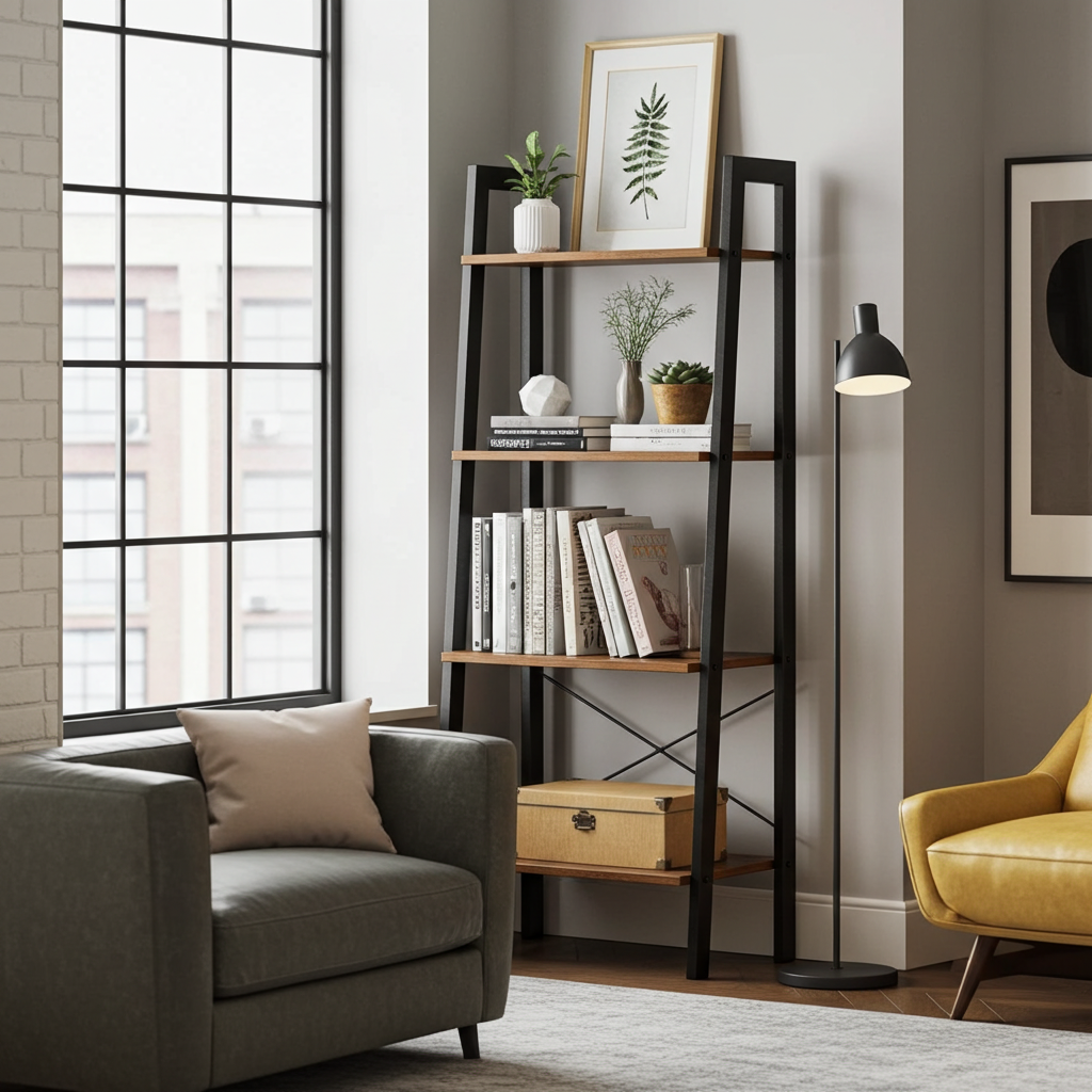 Elevate Rustic Wood & Metal 4-Tier Ladder Shelf Bookcase Storage Organizer