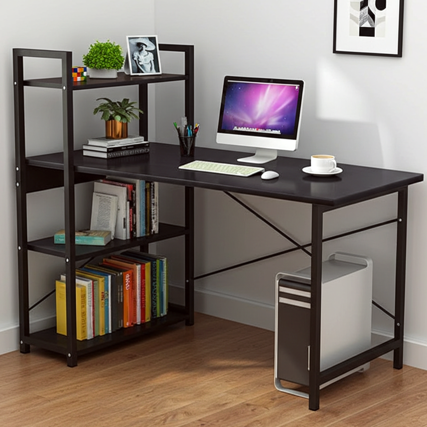 Exceeder Large Workstation Wood & Steel Computer Desk with Bookcase (Black Walnut)
