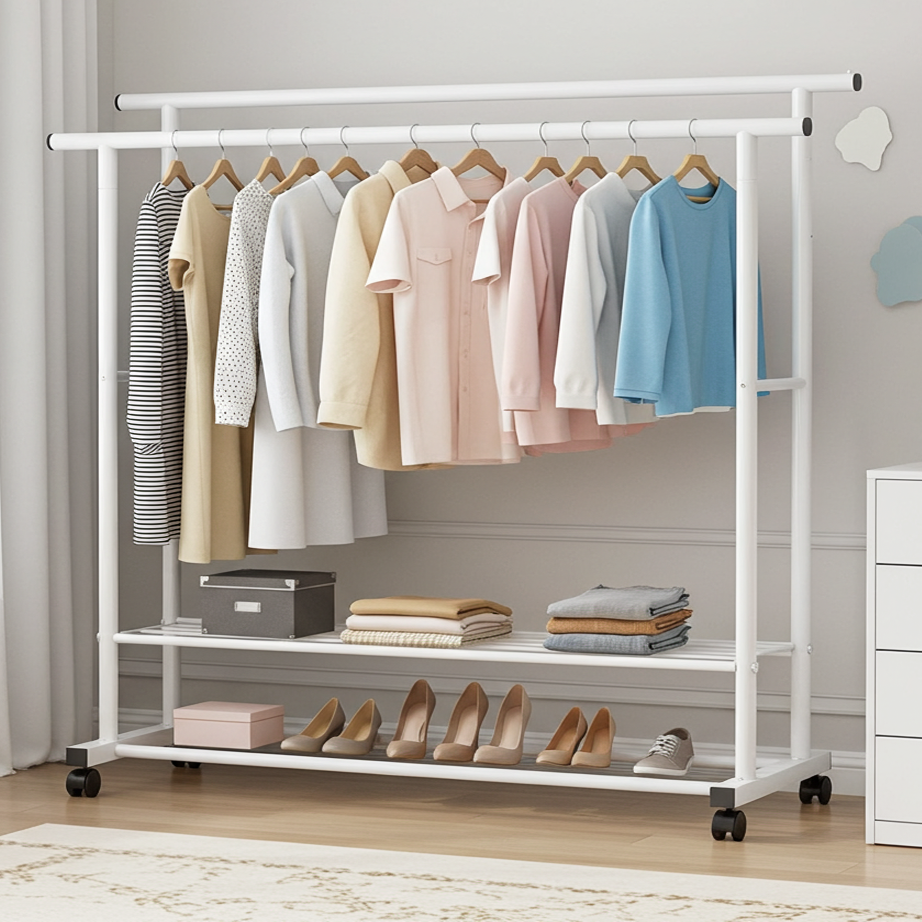 Large 1.5m Wide Double 2-Tier Coat Hanging Stand Wardrobe Clothes Hanger Rack (White)