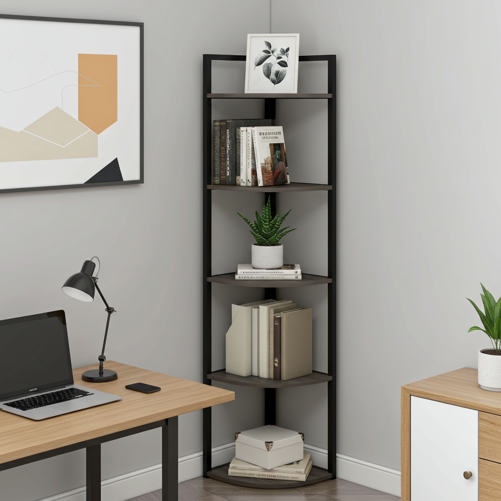 Optima 5 Tier Wood & Steel Corner Shelf Organizer Unit (Driftwood Grey)