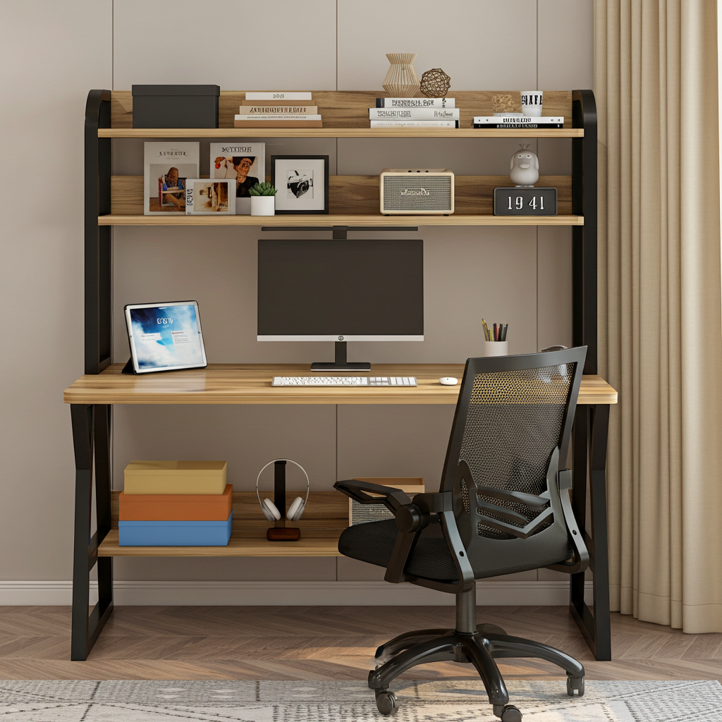 Aspire Large Industrial Office Computer Desk Workstation with Bookshelf (Oak)