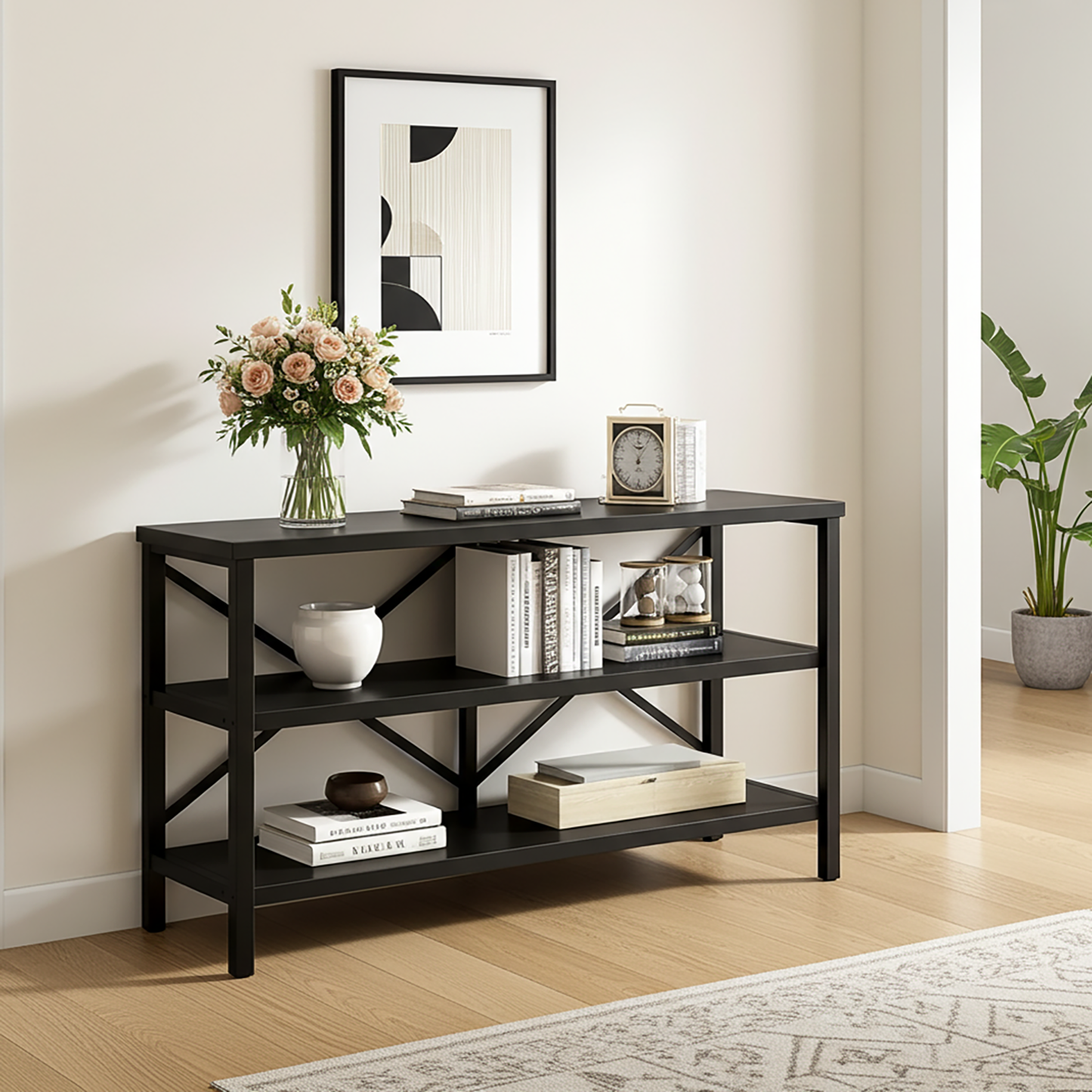 Serenity Industrial Console Table Bookcase TV Stand Storage Shelf Unit (Black)