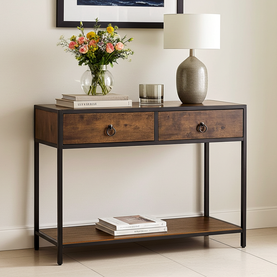 Essence Rustic Console Table with Drawers Hallway Entry Storage Shelf