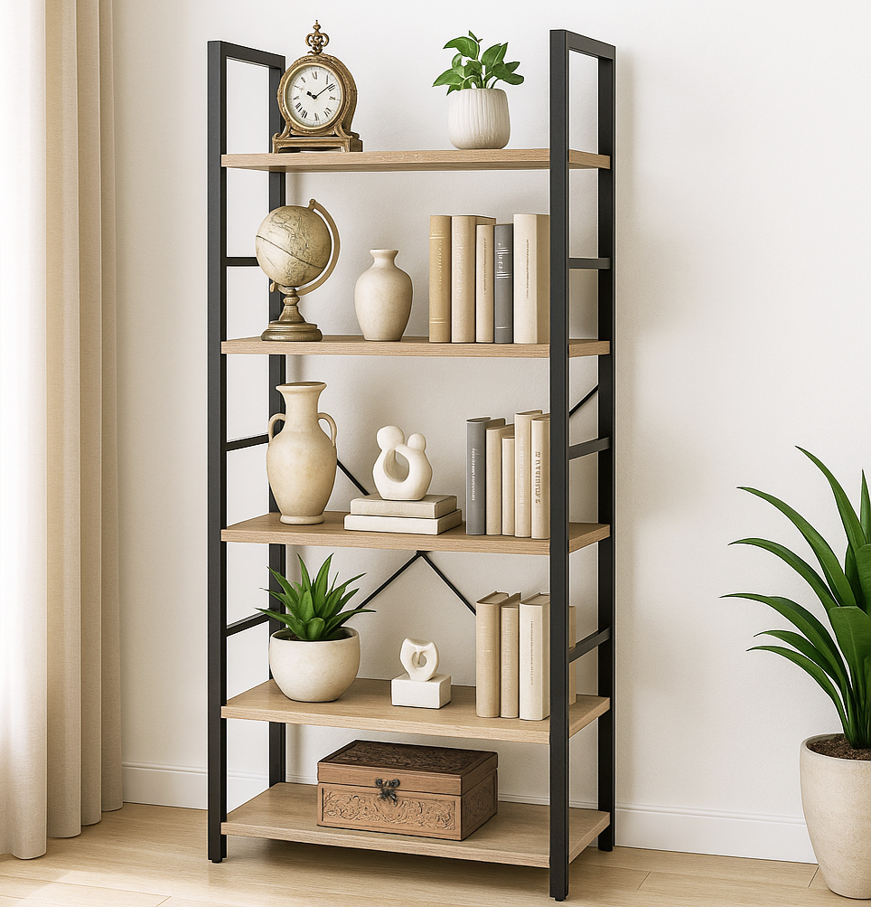 5 Tier Multifunction Heavy Duty Bookcase Wood & Steel Storage Shelf Organizer (Coastal Oak)