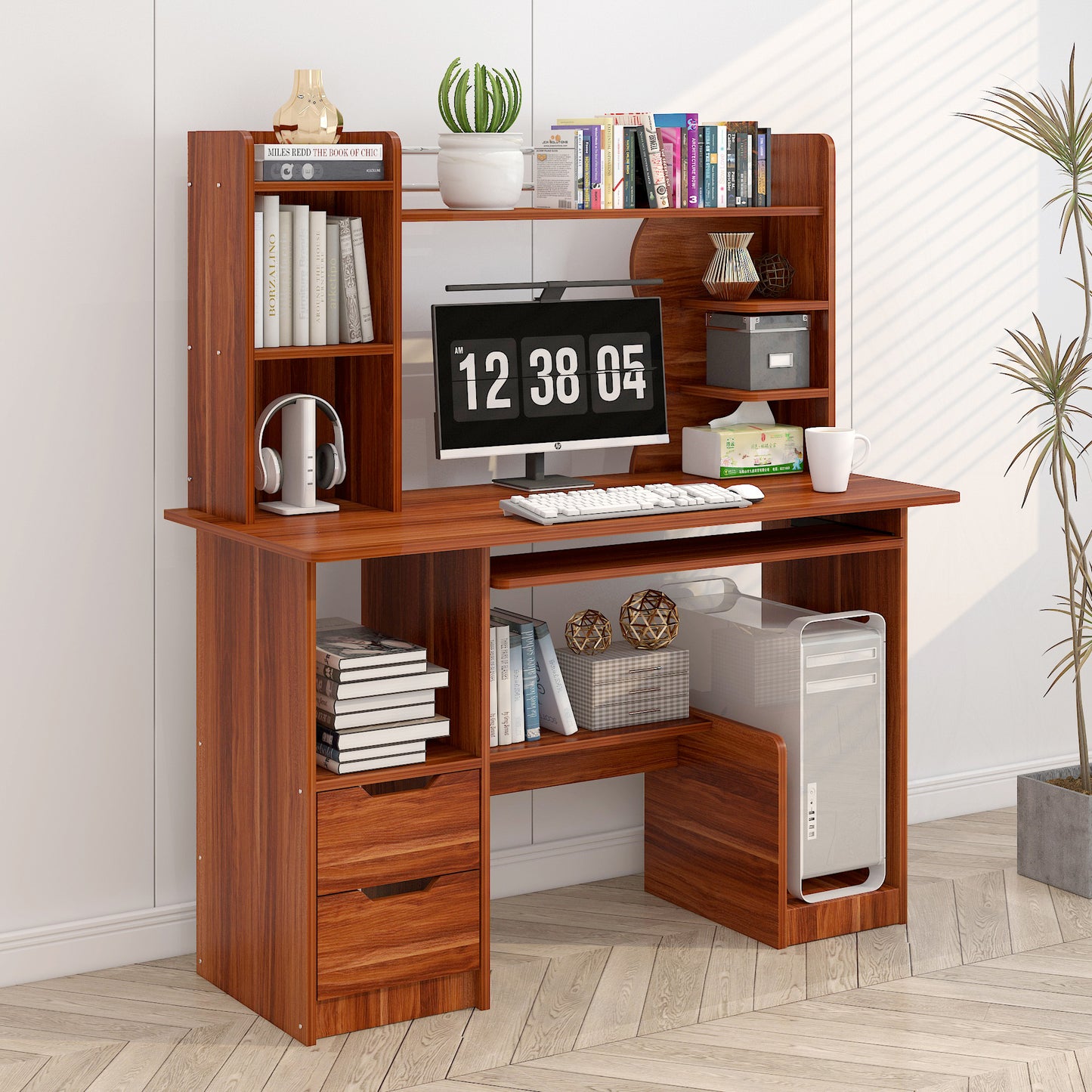 Expert Computer Desk Workstation with Shelf & Cabinet (Walnut)