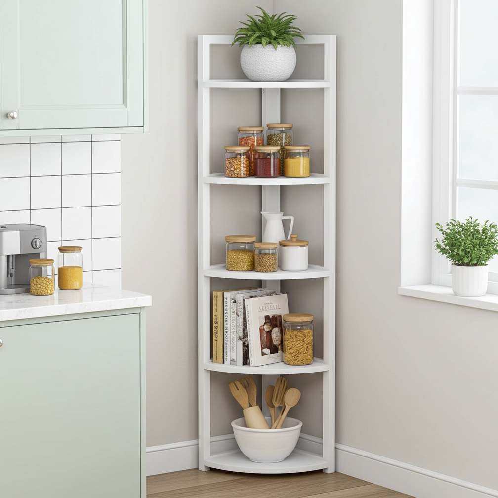 Optima 5 Tier Wood & Steel Corner Shelf Organizer Unit (White)