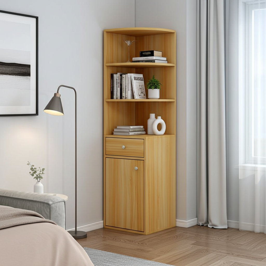 Vision Stylish Wooden Corner Shelf Unit with Cabinet & Drawer (Oak)