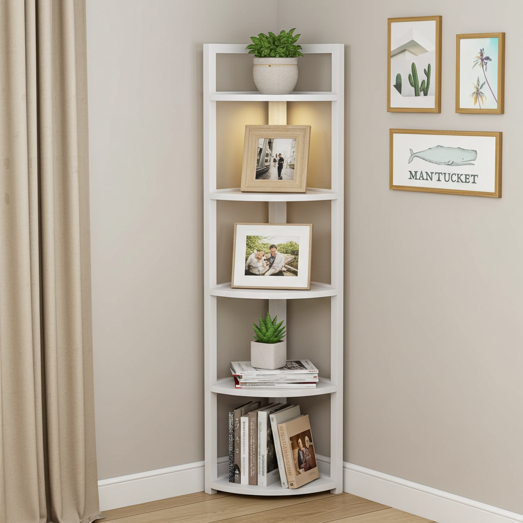 Optima 5 Tier Wood & Steel Corner Shelf Organizer Unit (White)