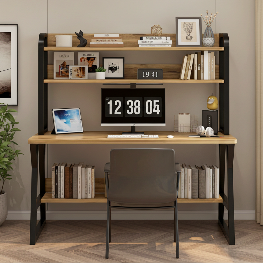 Aspire Large Industrial Office Computer Desk Workstation with Bookshelf (Oak)