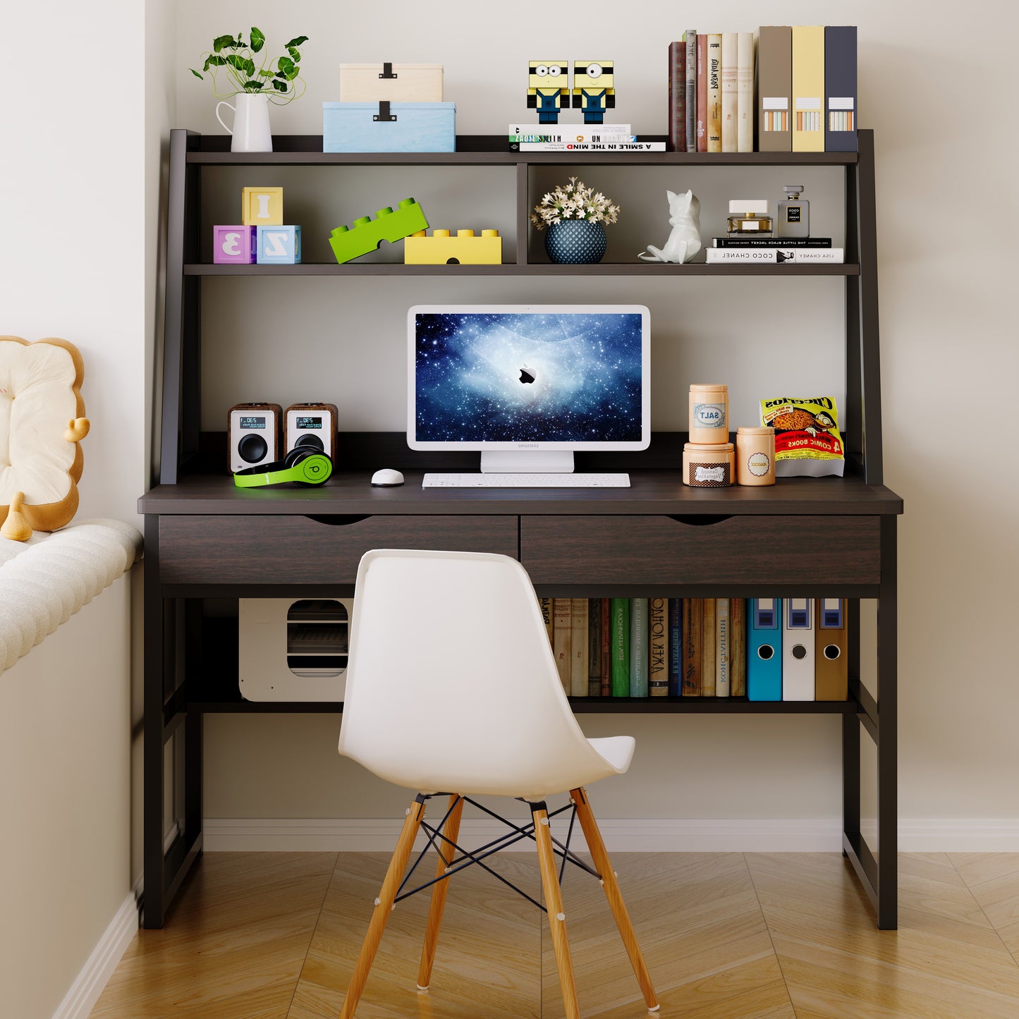 Enterprise Large Computer Desk Workstation with Shelves & Drawers (Black)