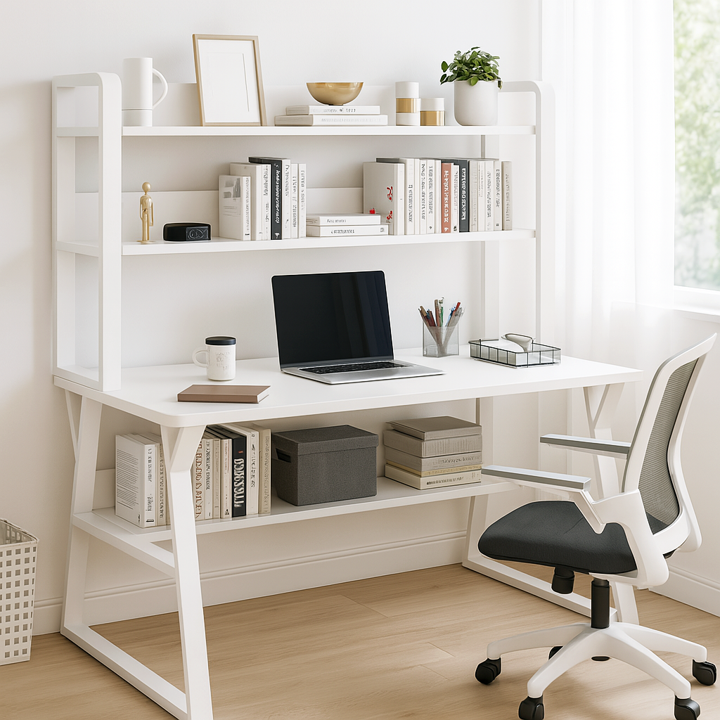 Aspire Large Industrial Office Computer Desk Workstation with Bookshelf (White)