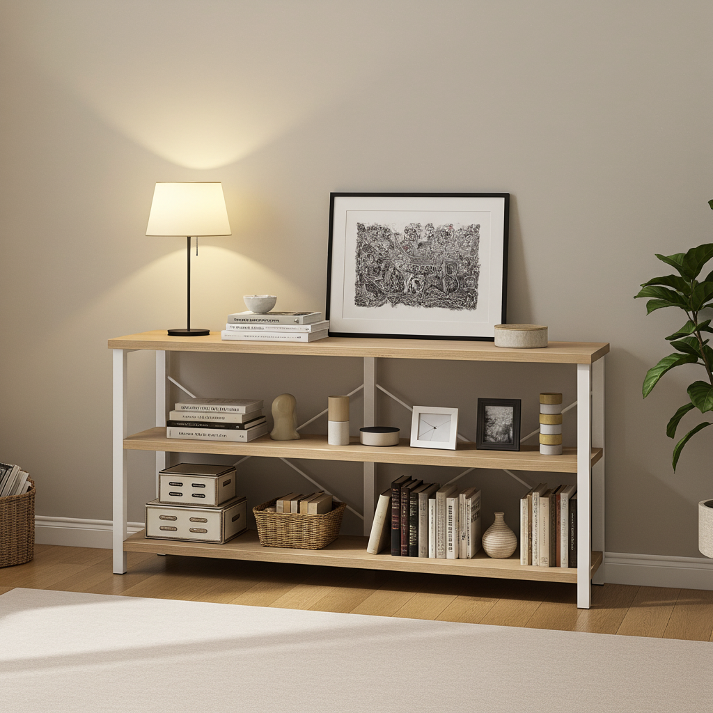 Serenity Industrial Console Table Bookcase TV Stand Storage Shelf Unit (Coastal Oak)