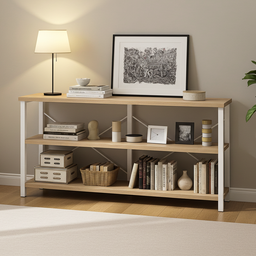 Serenity Industrial Console Table Bookcase TV Stand Storage Shelf Unit (Coastal Oak)