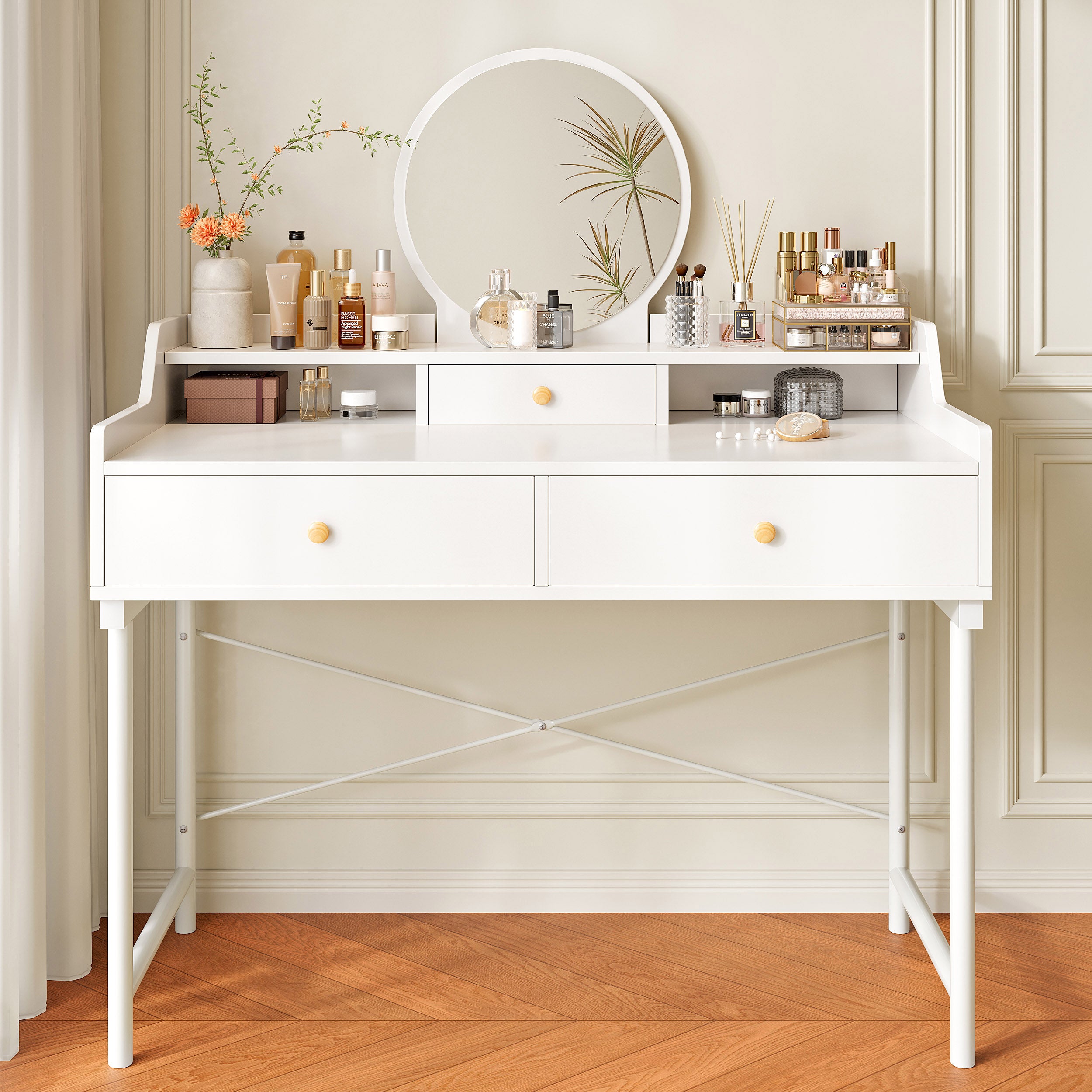 Royale Vanity Dressing Table with Round Mirror and Drawers White Royale Vanity Dressing Table with Round Mirror and Drawers White