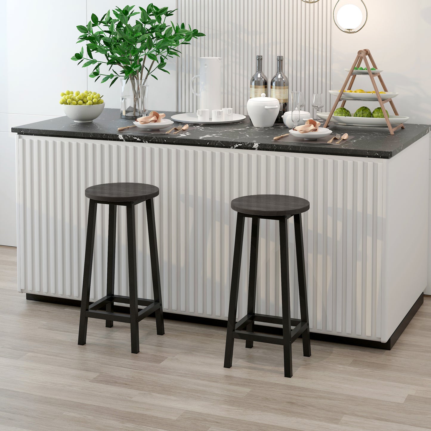 2 x Modern Industrial Bar Stools Black Wood & Metal Kitchen Counter Seating