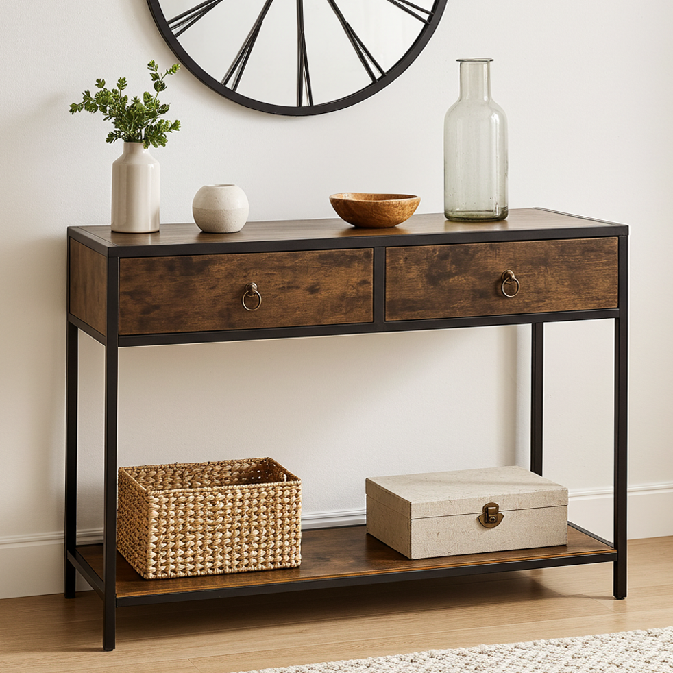 Essence Rustic Console Table with Drawers Hallway Entry Storage Shelf
