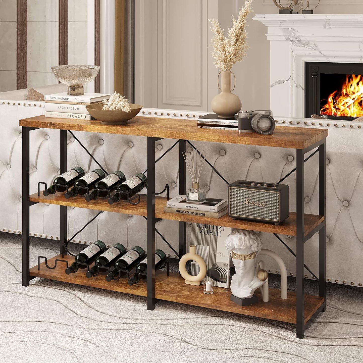 Rustic Industrial Console Table Bookcase TV Stand Storage Shelf Unit