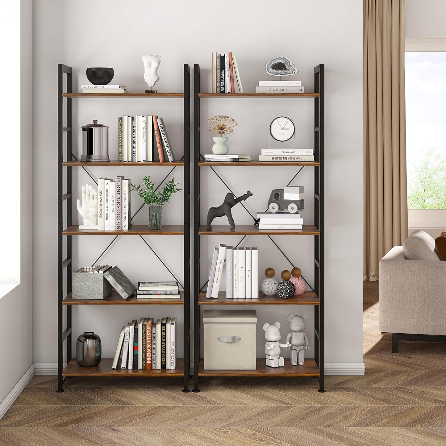 5 Tier Multifunction Heavy Duty Bookcase Rustic Wood & Steel Storage Shelf Organizer
