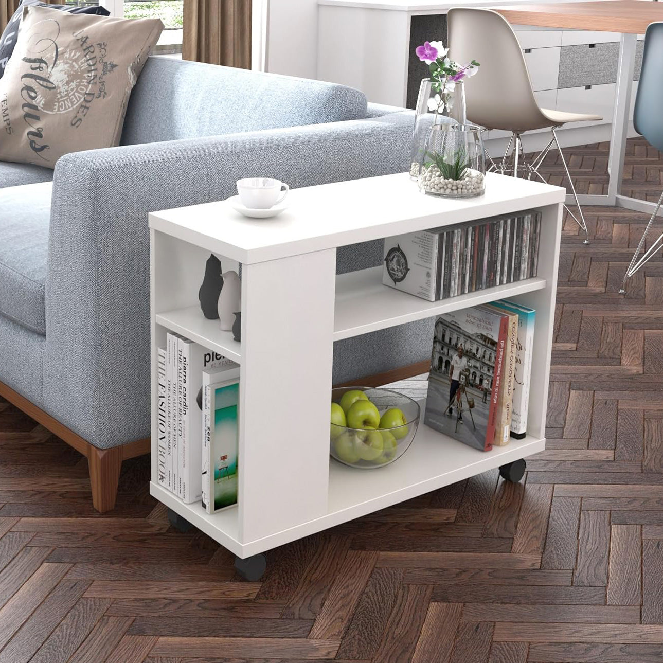 Versatile Sofa Side Table & Magazine Shelf with Casters (White)