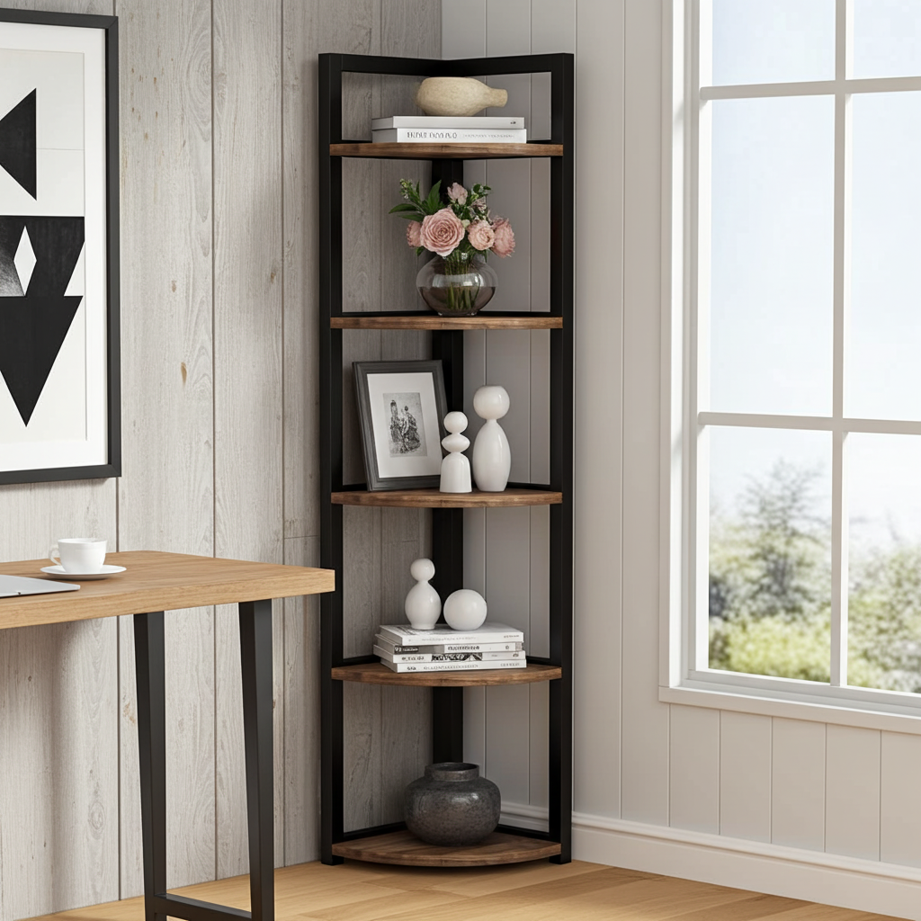 Optima 5 Tier Rustic Wood & Steel Corner Shelf Organizer Unit