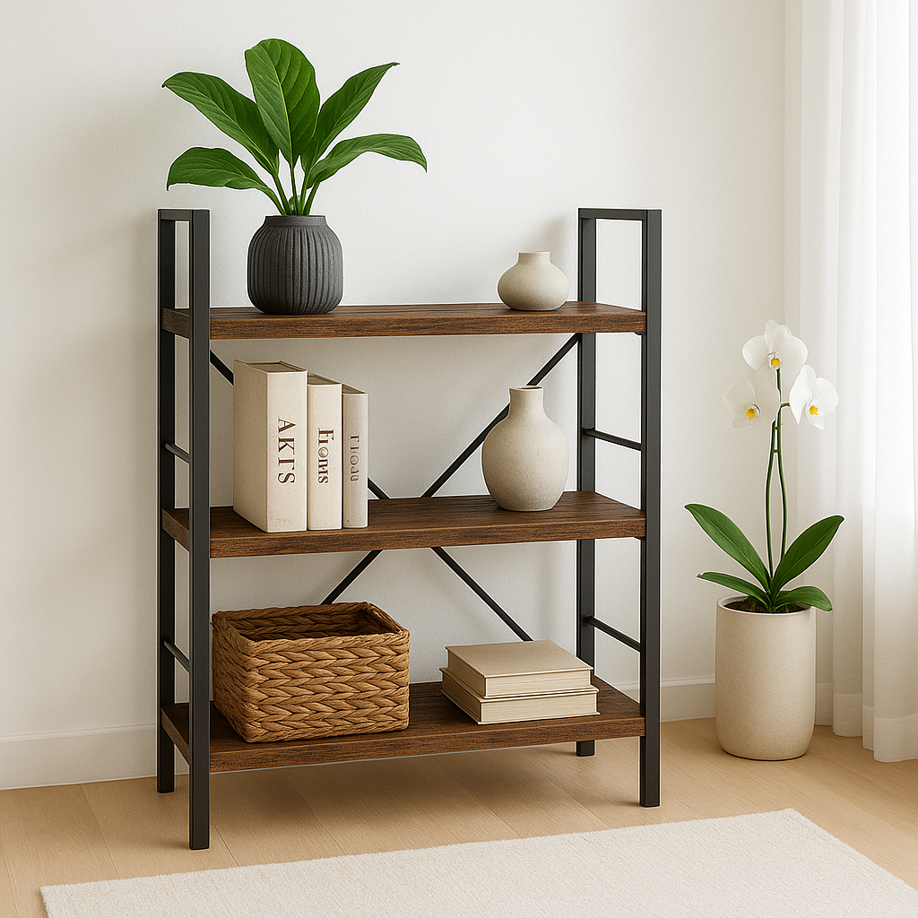 Multifunction Bookcase 3 Tier Rustic Wood Steel Storage Shelf Organizer