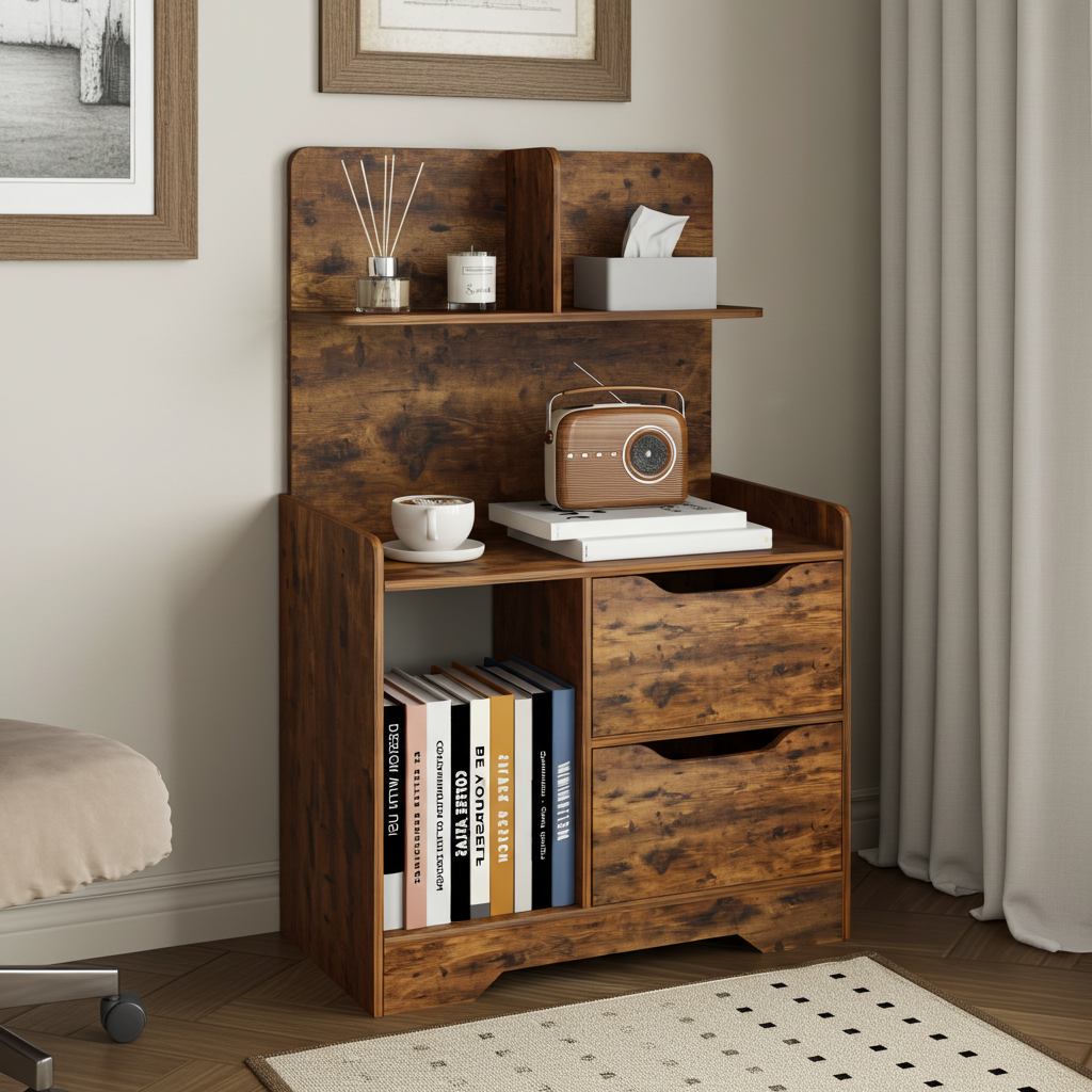 Harmony Tall Rustic Bed Side Table with Chest of Drawers and Shelf