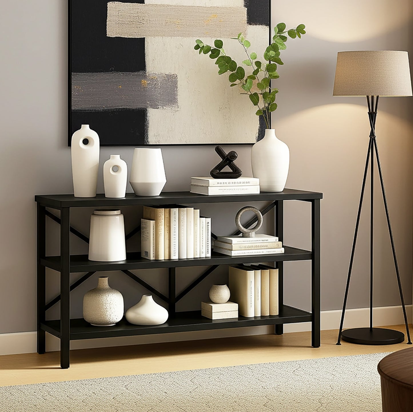 Serenity Industrial Console Table Bookcase TV Stand Storage Shelf Unit (Black)