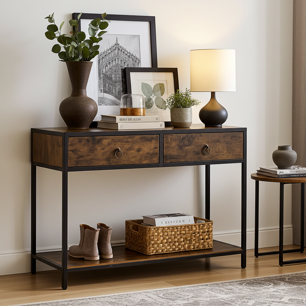Essence Rustic Console Table with Drawers Hallway Entry Storage Shelf