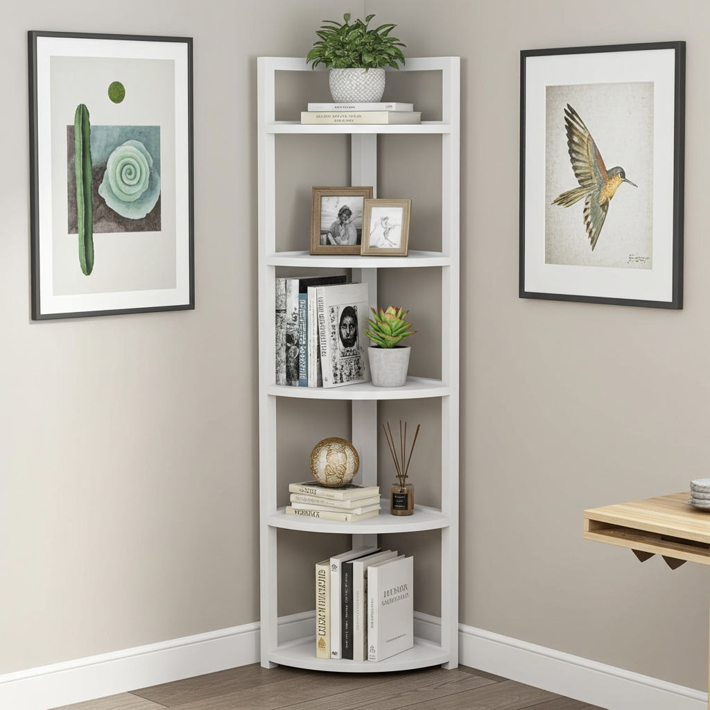 Optima 5 Tier Wood & Steel Corner Shelf Organizer Unit (White)