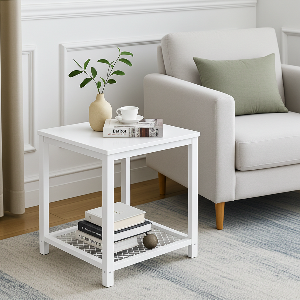 Loft White Industrial Wood & Steel Side Table with Storage Shelf
