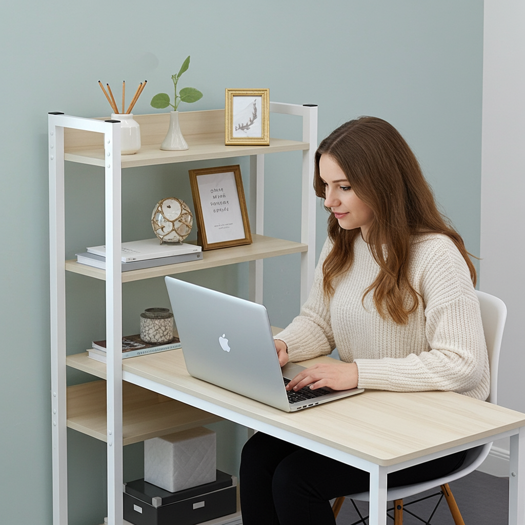 Genius Large Workstation Wood & Steel Computer Desk with Storage Shelves (White Oak)