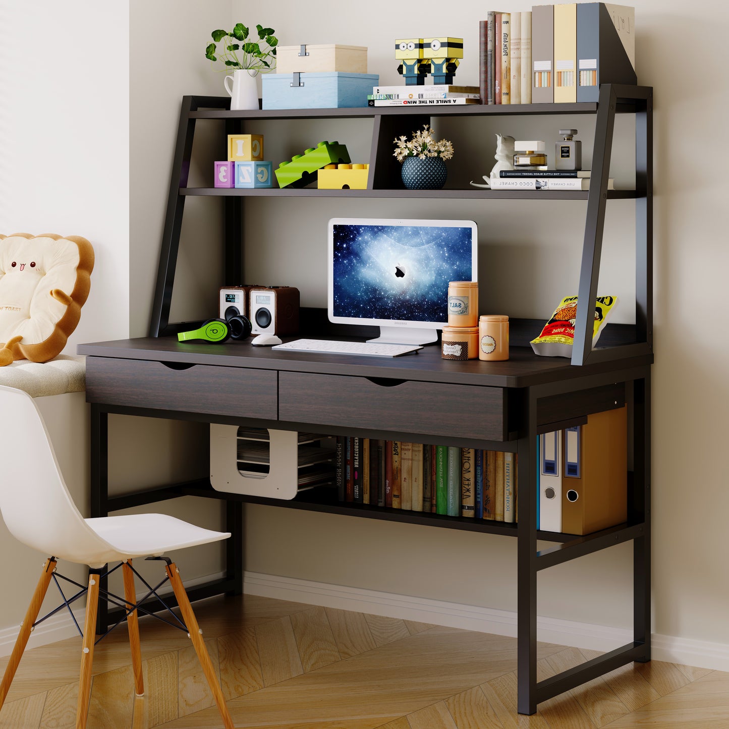 Enterprise Large Computer Desk Workstation with Shelves & Drawers (Black)