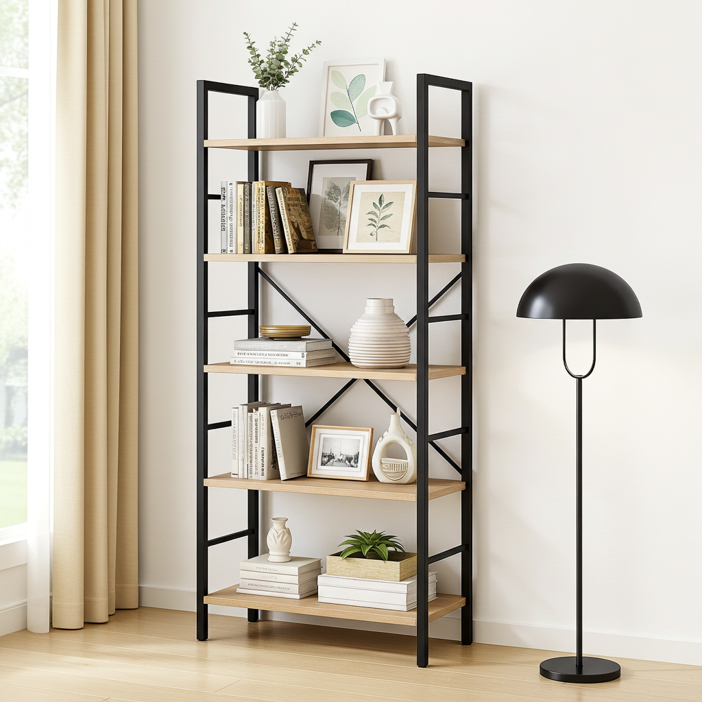 5 Tier Multifunction Heavy Duty Bookcase Wood & Steel Storage Shelf Organizer (Coastal Oak)