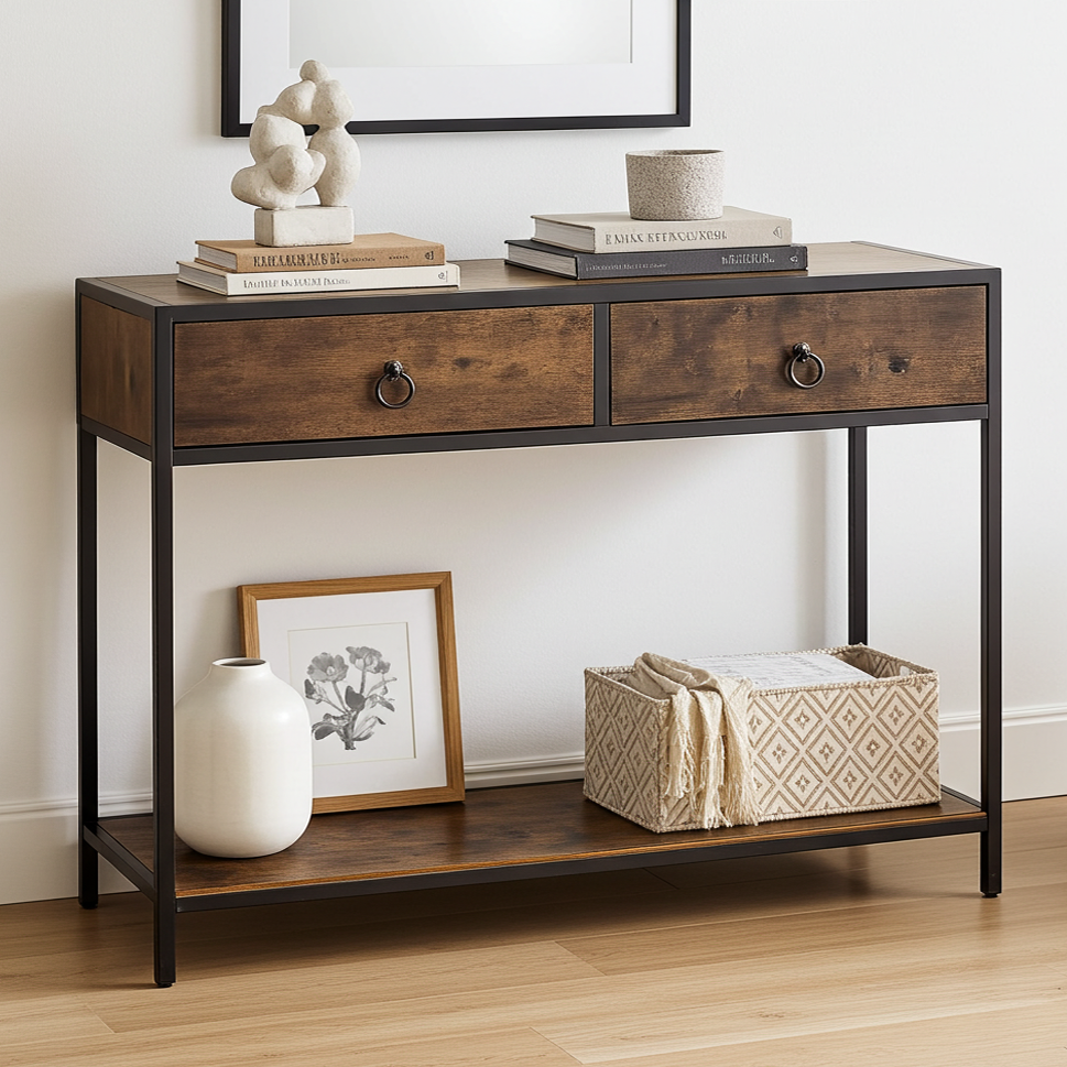 Essence Rustic Console Table with Drawers Hallway Entry Storage Shelf