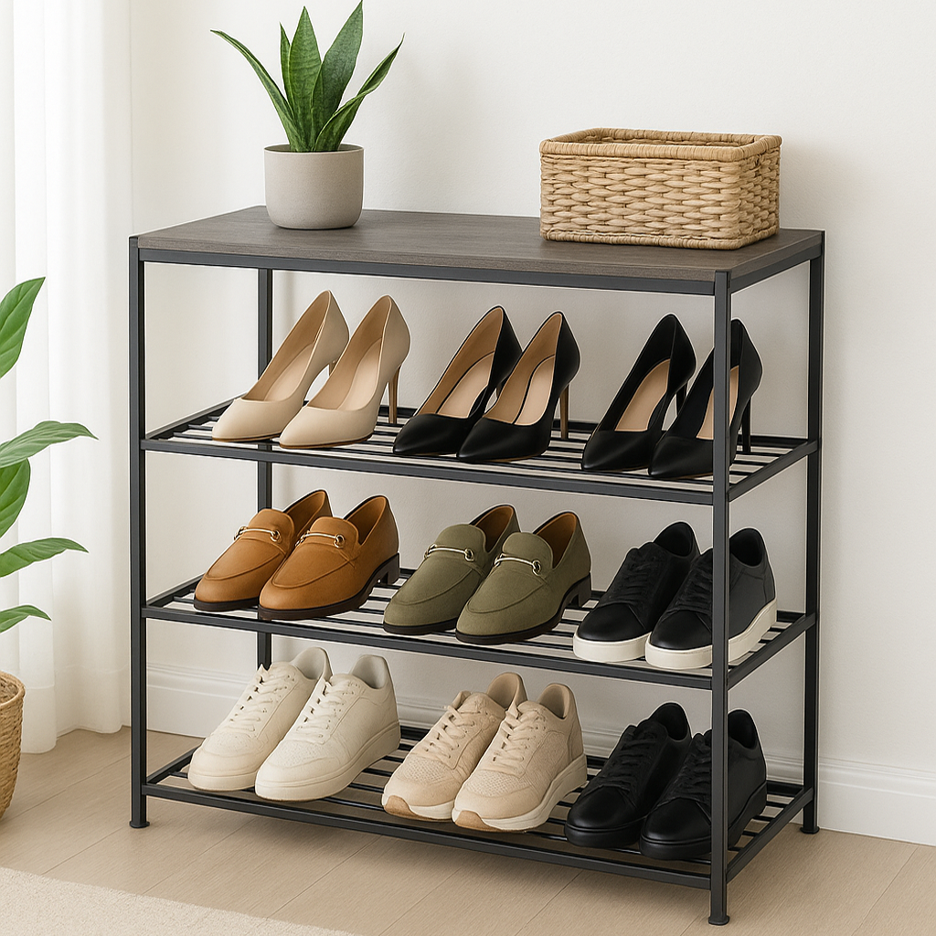 Vita 4-Tier Wood & Metal Shoe Rack Storage Shelf Organiser (Driftwood Grey)