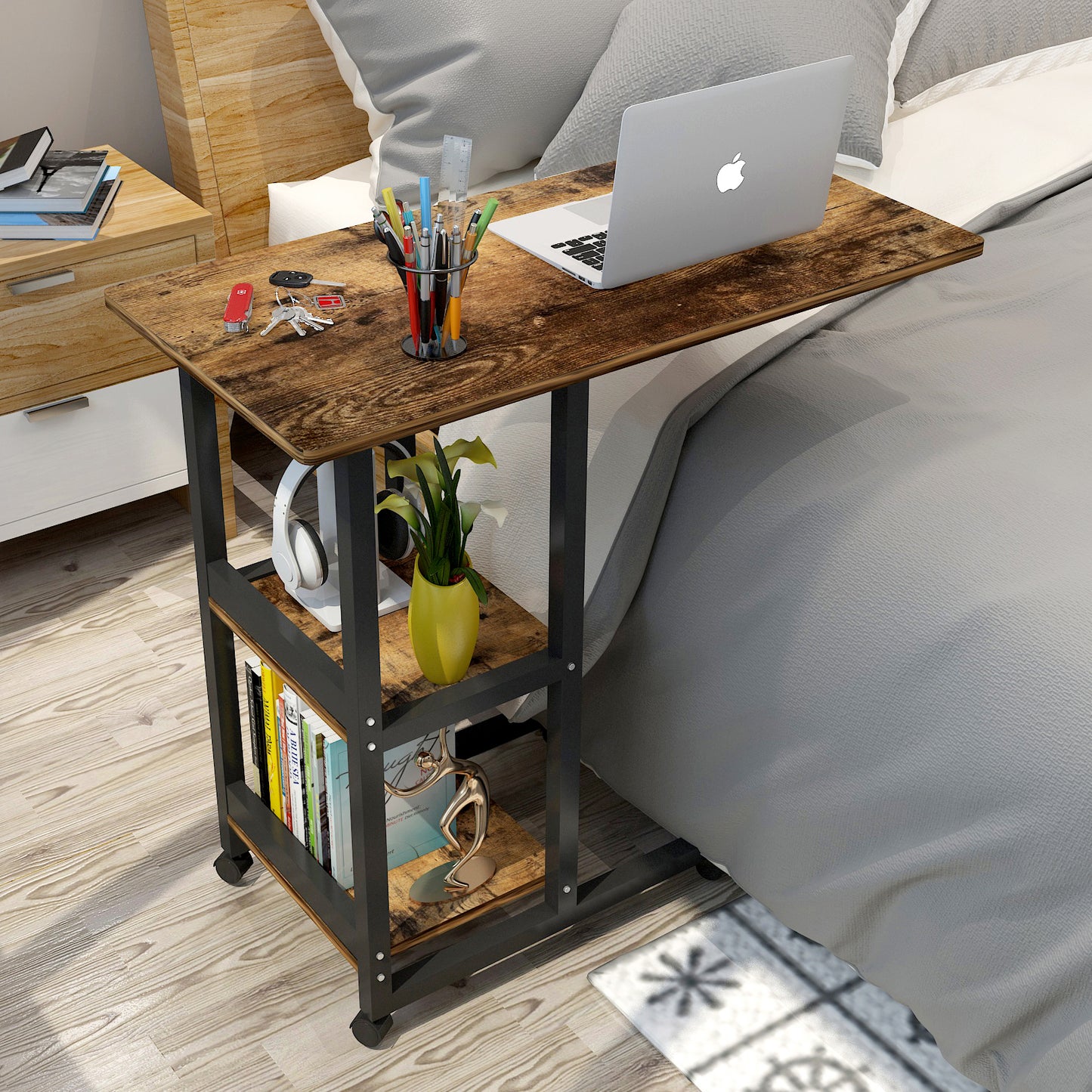 Large Supreme Rustic Sofa Bed Side Table Laptop Desk with Shelves & Wheels