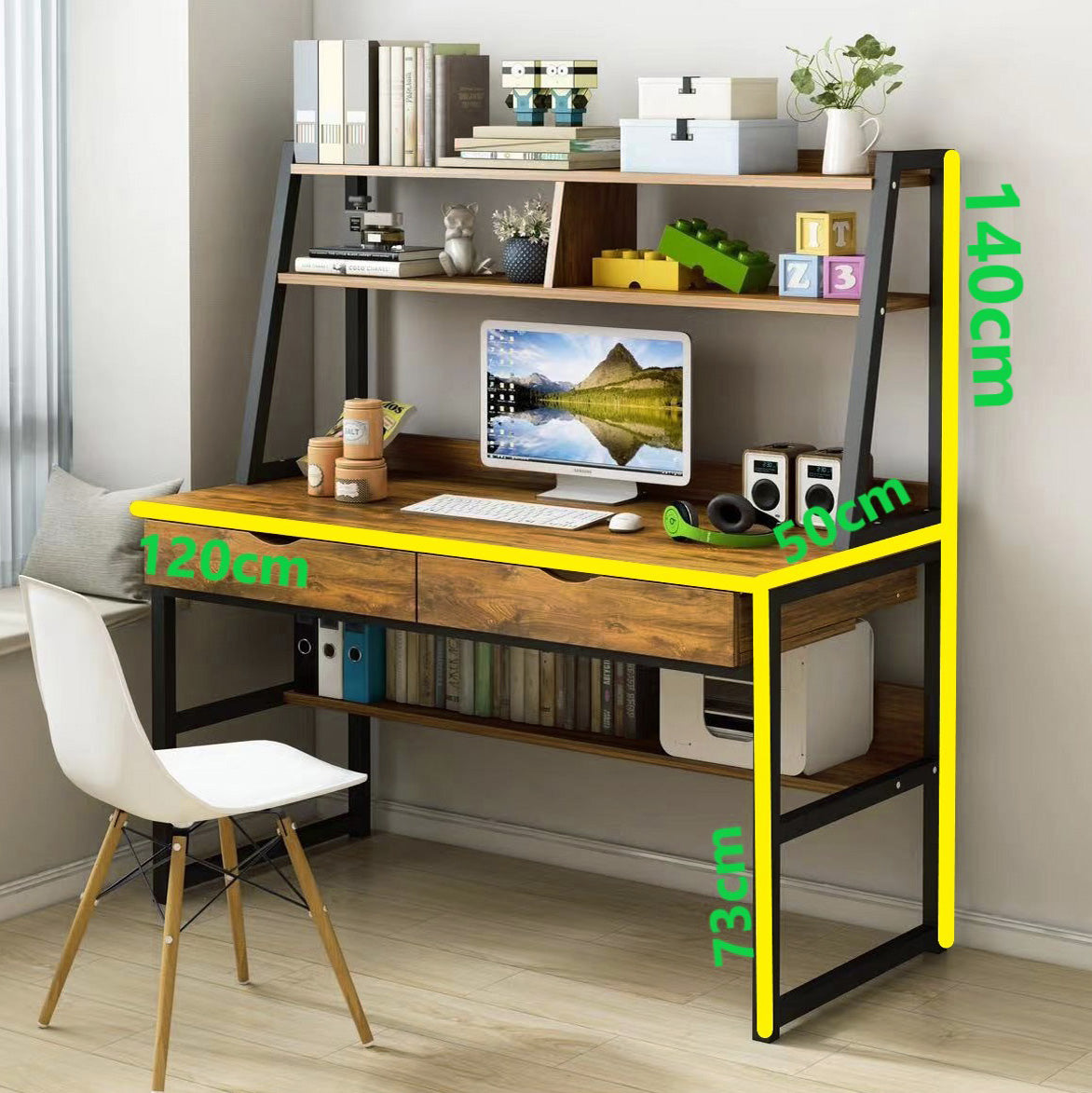 Enterprise Large Computer Desk Workstation with Shelves & Drawers (Rustic Wood)