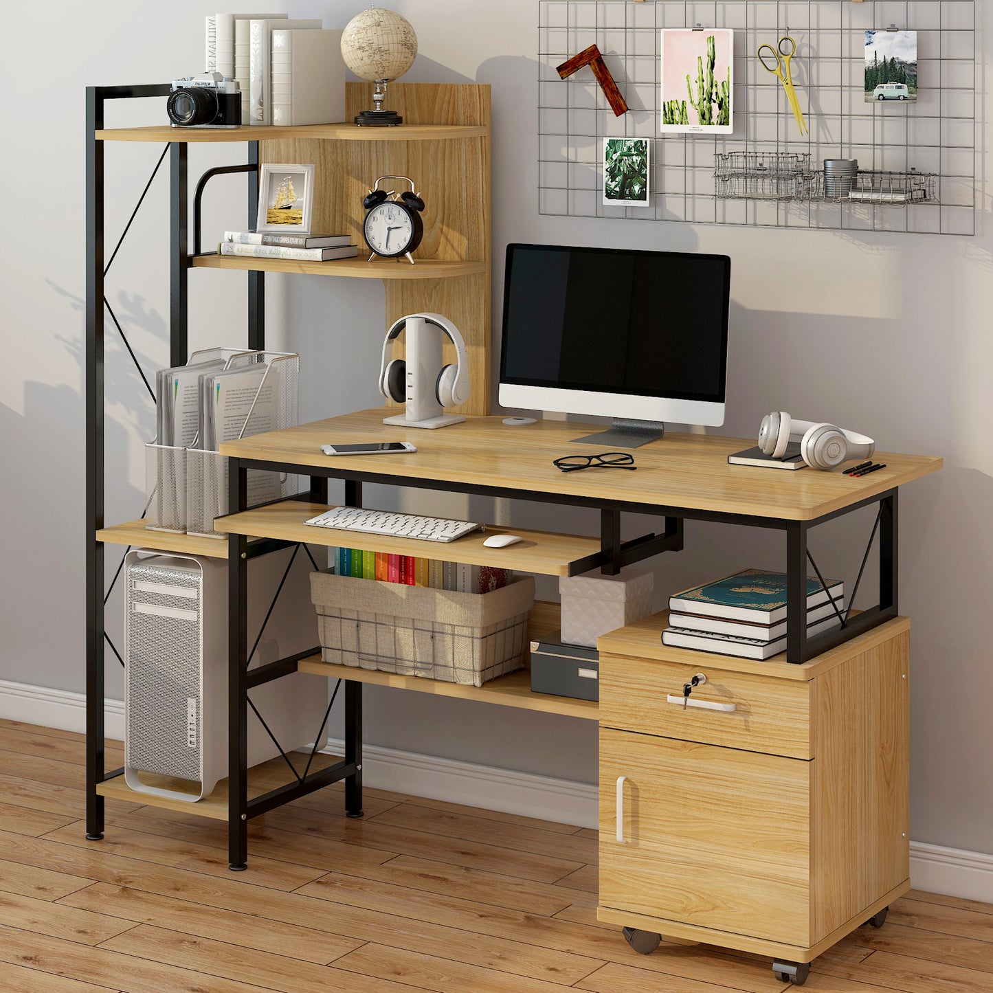 Prime Multi-function Computer Desk Workstation with Shelves & Cabinet (Oak)