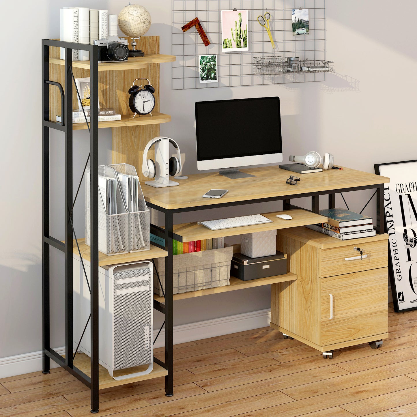 Prime Multi-function Computer Desk Workstation with Shelves & Cabinet (Oak)