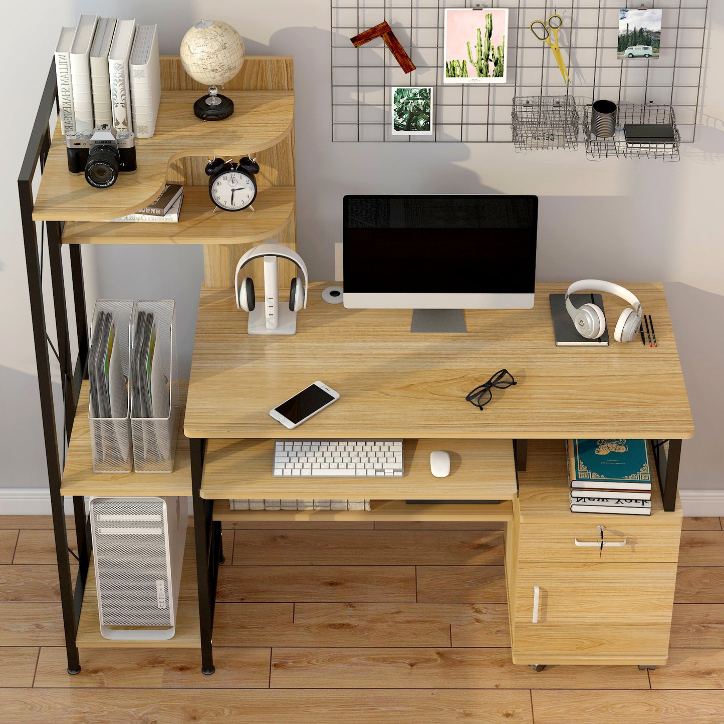 Prime Multi-function Computer Desk Workstation with Shelves & Cabinet (Oak)