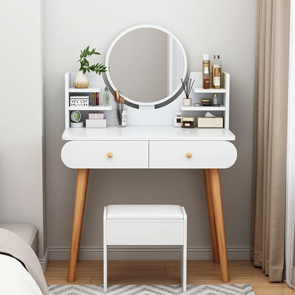 Beauty Dresser Vanity Table with Mirror, Stool and Storage Drawers Set