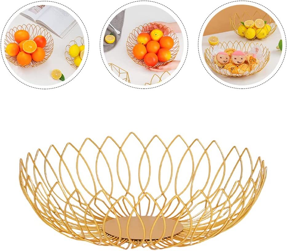 Luxe Large Gold Metal Fruit Bowl Basket Plate Dish Kitchen Counter Food Tray