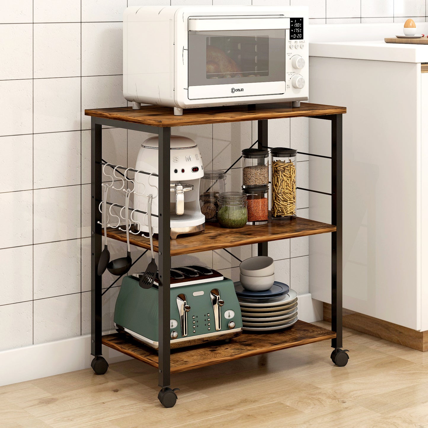 Atlas Rustic Wood & Steel Multipurpose Utility Cart Storage Shelf Kitchen Trolley